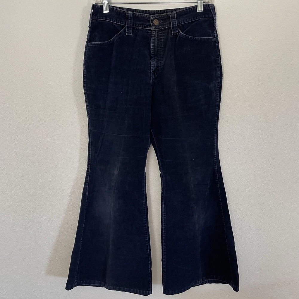 VTG 70s Blue Corduroy Pants Size 30x26 Flare Talon Zipper Crop Grunge Retro‎